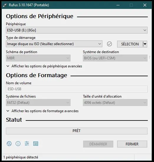 Menu de Rufus