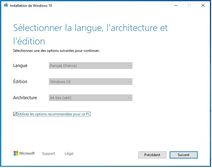 Sélections options installation