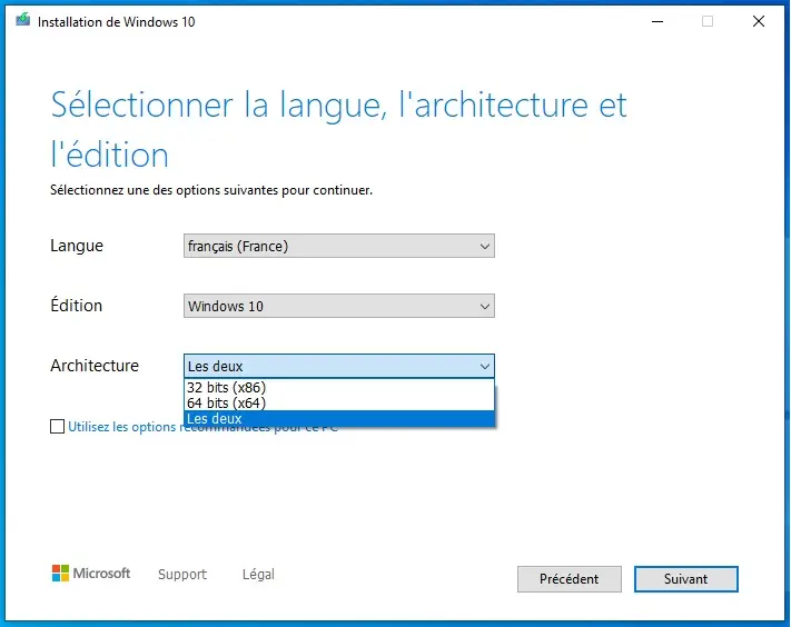 illustration de la Sélections options installation W10