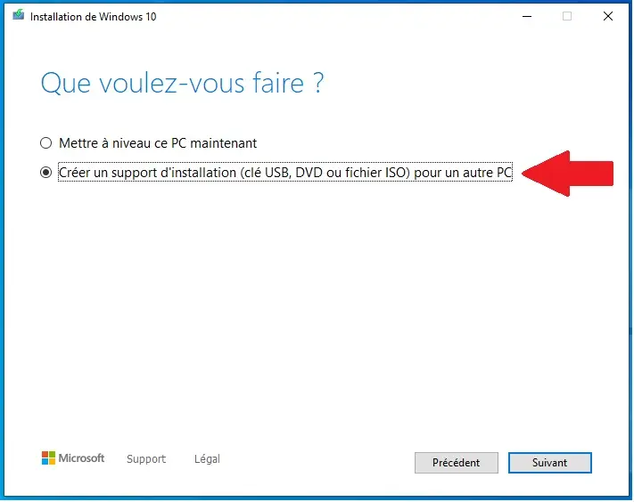 Sélection mode d'installation Windows